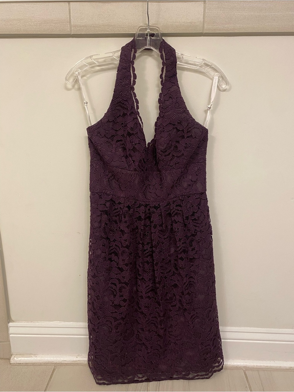 David's Bridal One-Shoulder Lace Dress in Plum